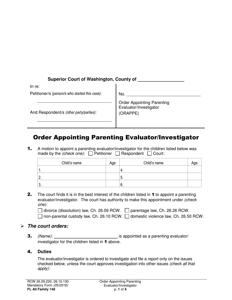 Form FL All Family148 Order Appointing Parenting Evaluator / Investigator - Washington, Page 1
