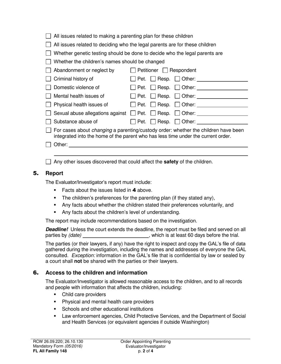 Form FL All Family148 Order Appointing Parenting Evaluator / Investigator - Washington, Page 2