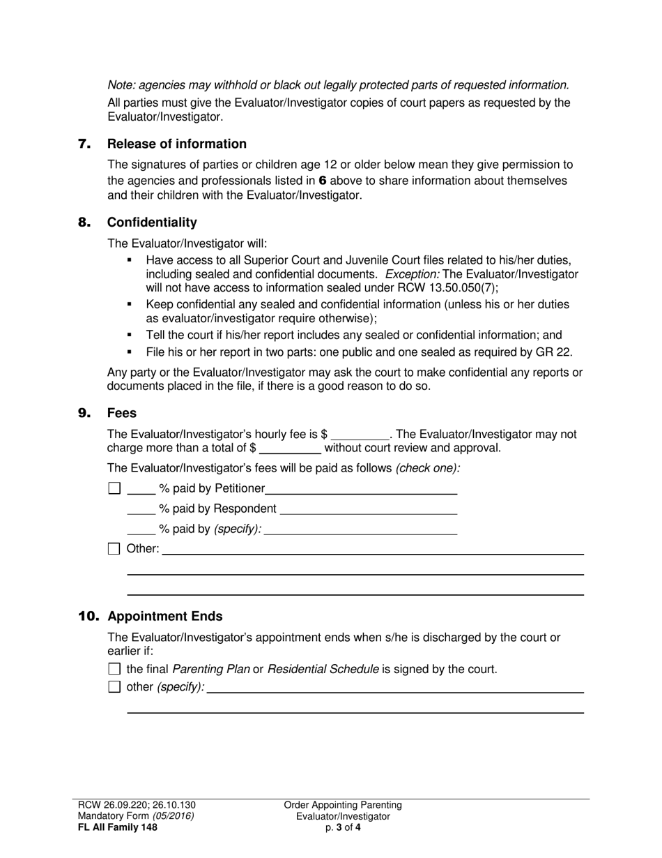 Form FL All Family148 Order Appointing Parenting Evaluator / Investigator - Washington, Page 3