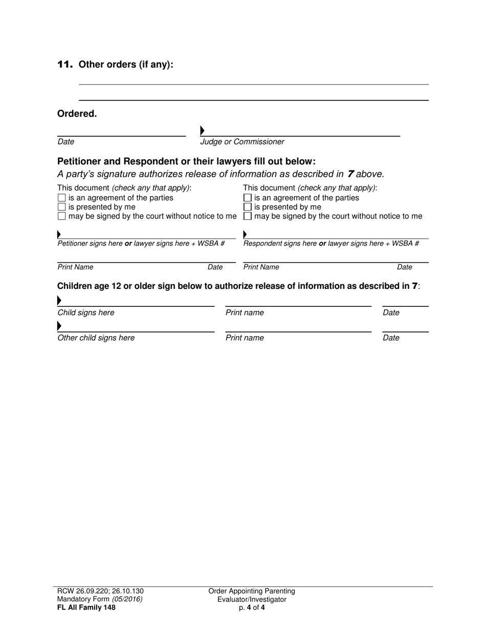Form FL All Family148 Order Appointing Parenting Evaluator / Investigator - Washington, Page 4