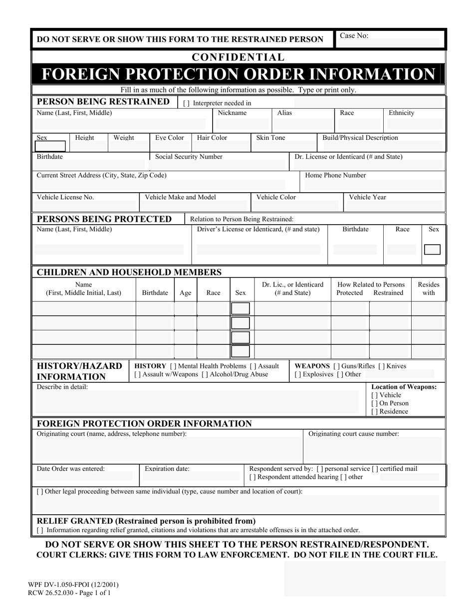 Form WPF DV-1.050-FPOI Foreign Protection Order Information - Washington, Page 1