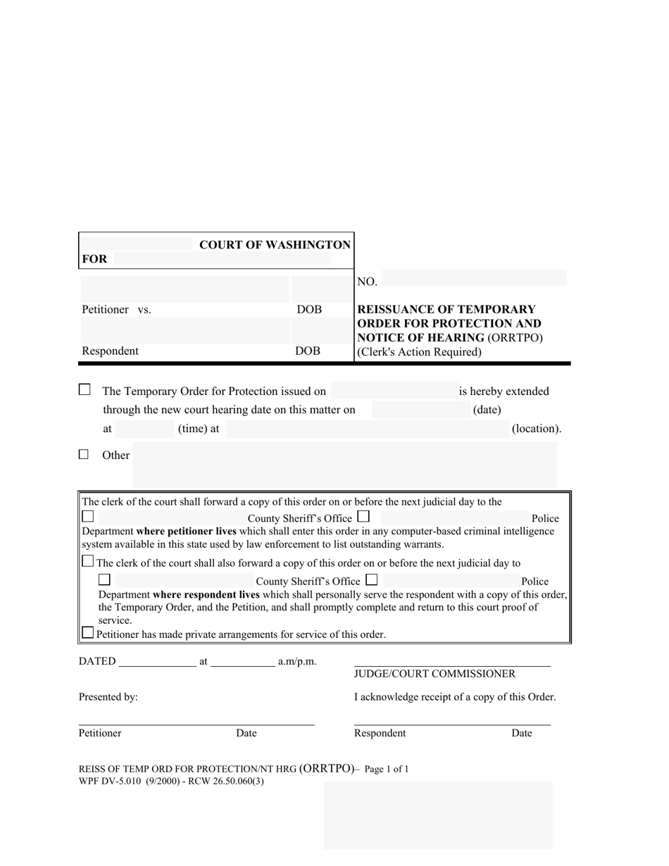 Form WPF DV-5.010 Reissuance of Temporary Order for Protection and Notice of Hearing (Orrtpo) - Washington, Page 1