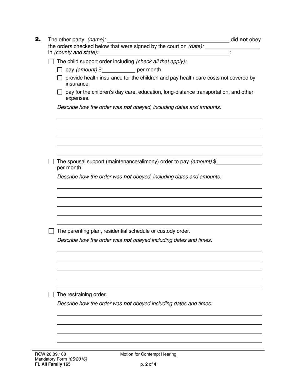 Form FL All Family165 Motion for Contempt Hearing - Washington, Page 2