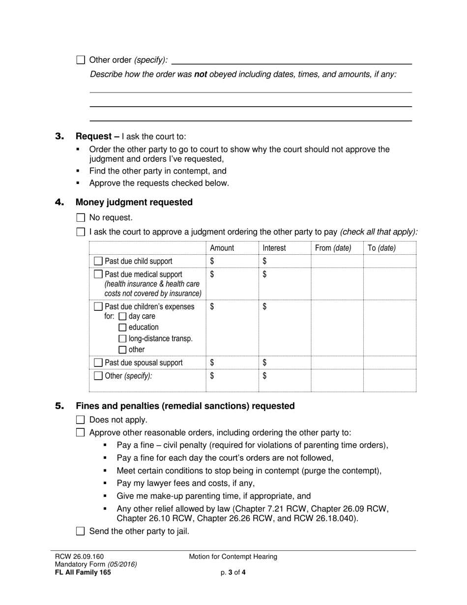 Form FL All Family165 Motion for Contempt Hearing - Washington, Page 3