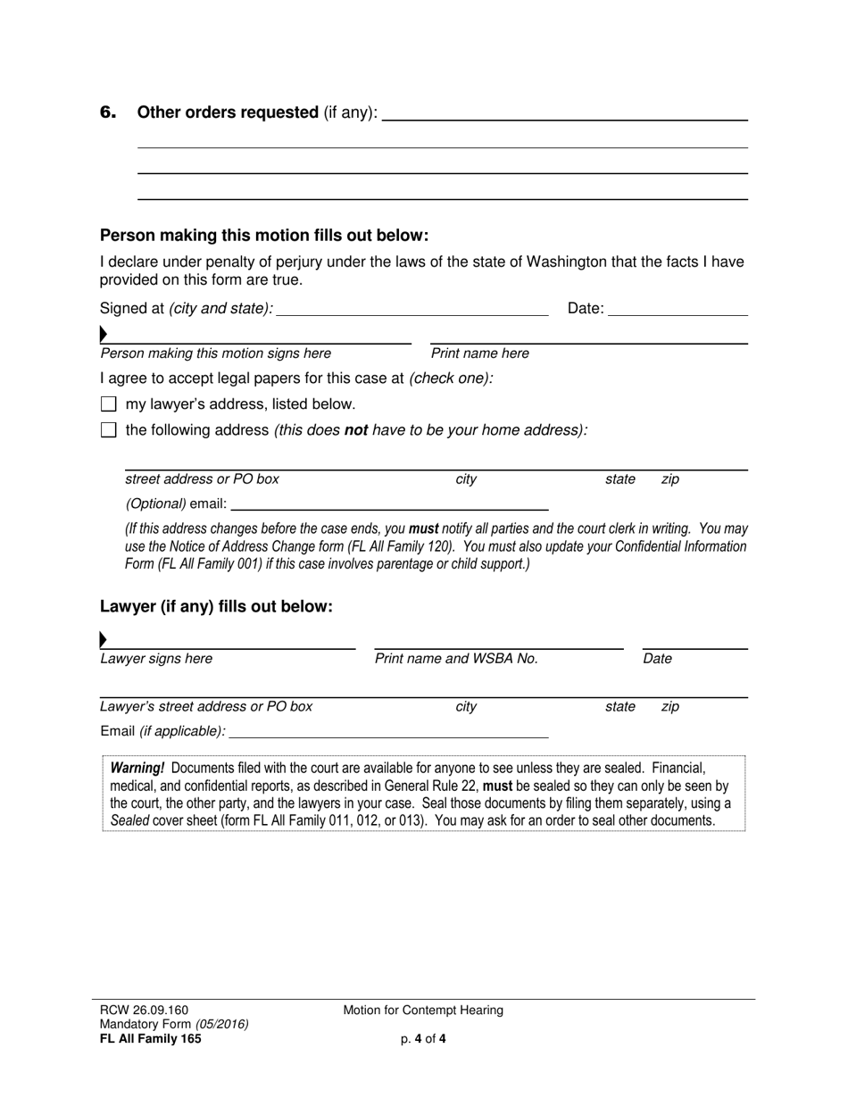 Form FL All Family165 Motion for Contempt Hearing - Washington, Page 4
