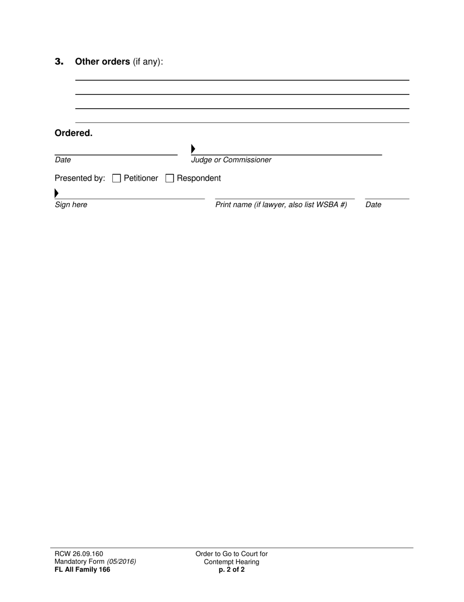 Form FL All Family166 Order to Go to Court for Contempt Hearing (Order to Show Cause) - Washington, Page 2