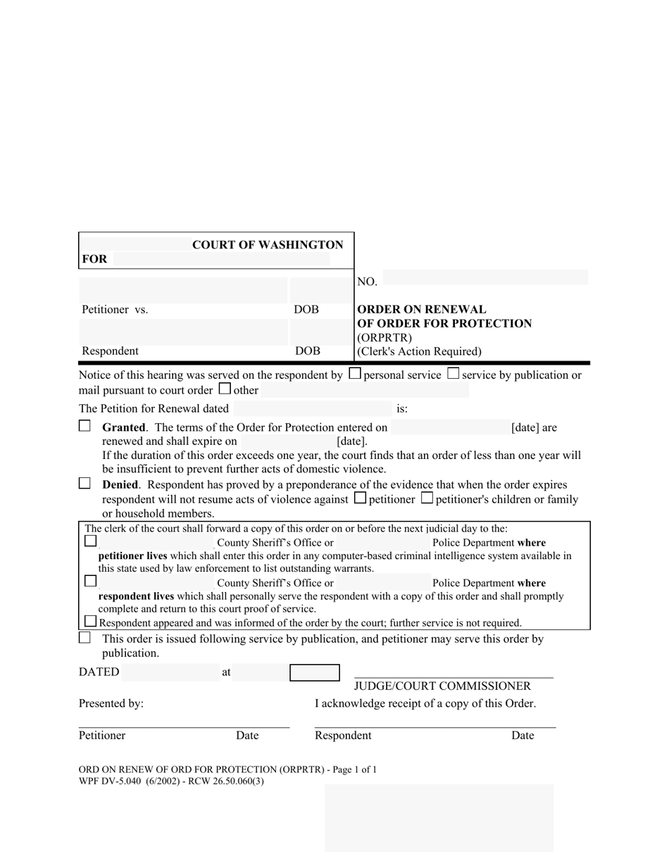 Form WPF DV-5.040 Order on Renewal of Order for Protection (Orprtr) - Washington, Page 1