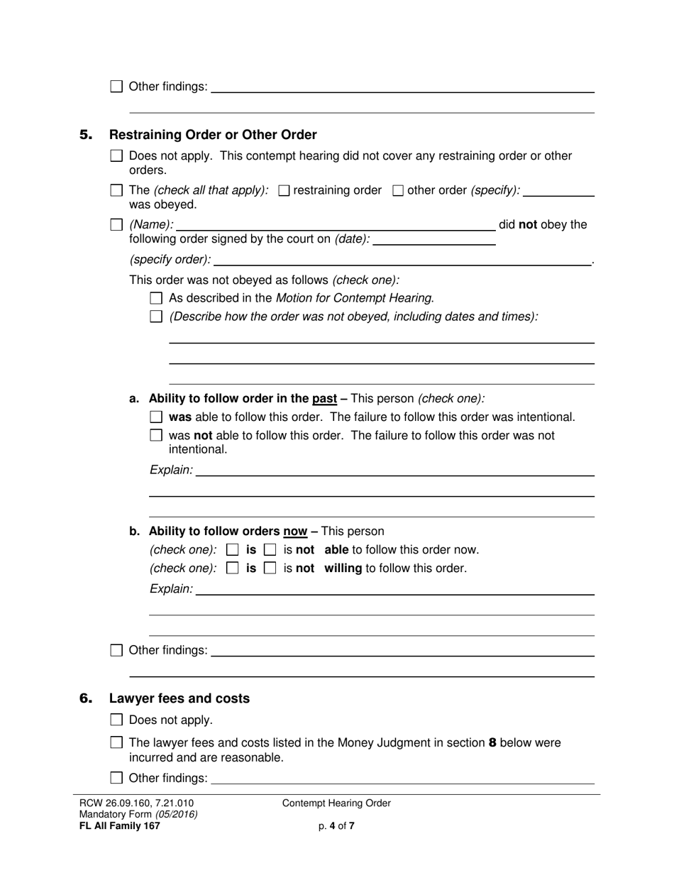 Form FL All Family167 Contempt Hearing Order - Washington, Page 4