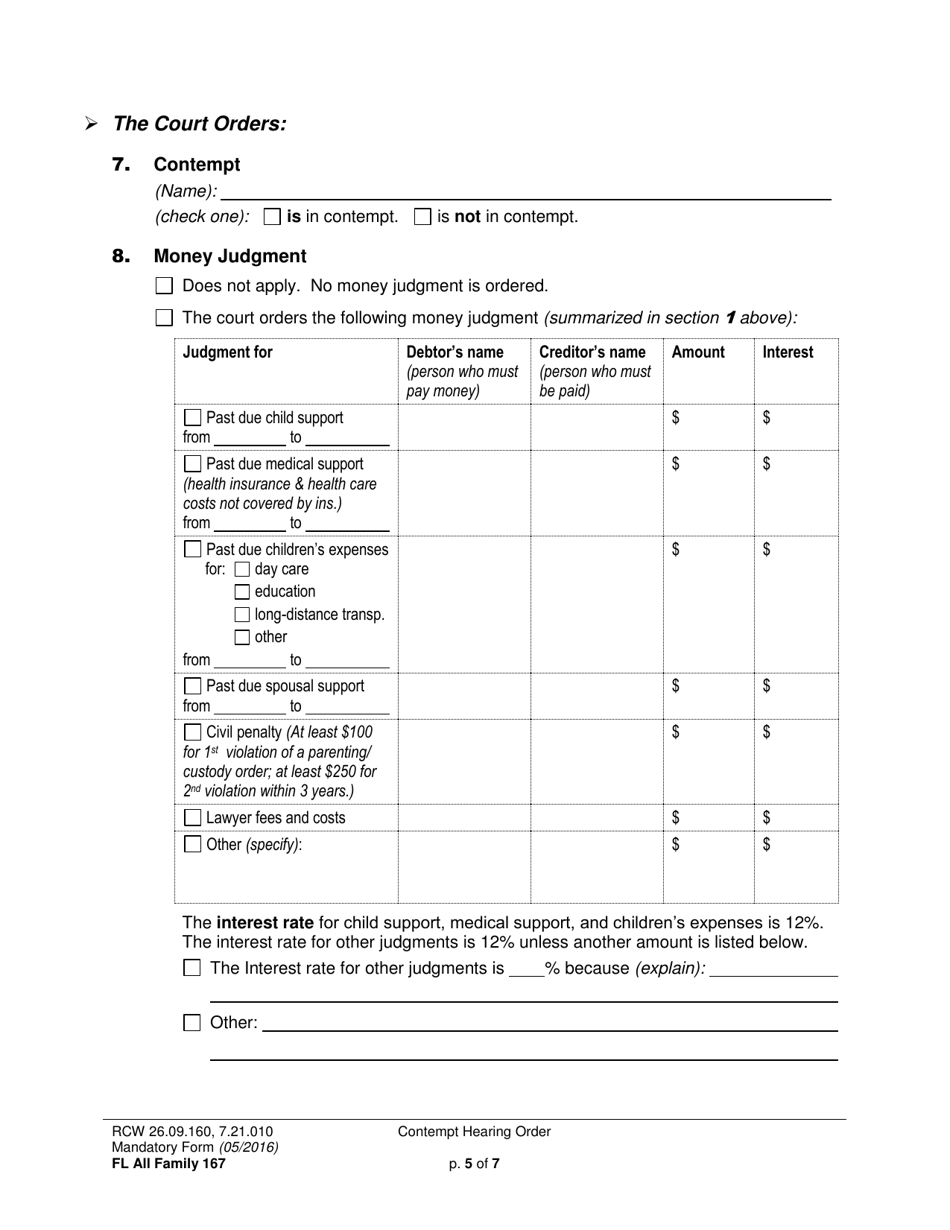 Form FL All Family167 Contempt Hearing Order - Washington, Page 5