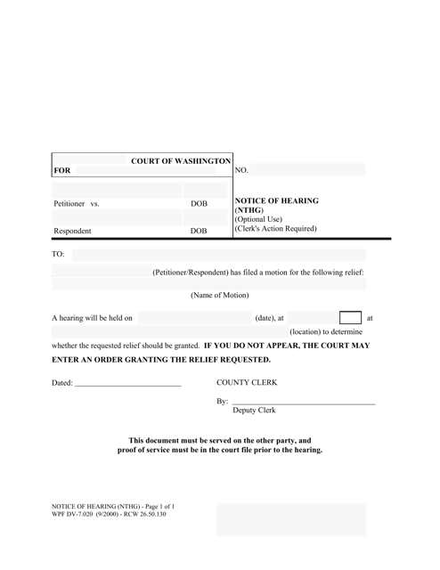 Form WPF DV-7.020 Notice of Hearing (Nthg) - Washington