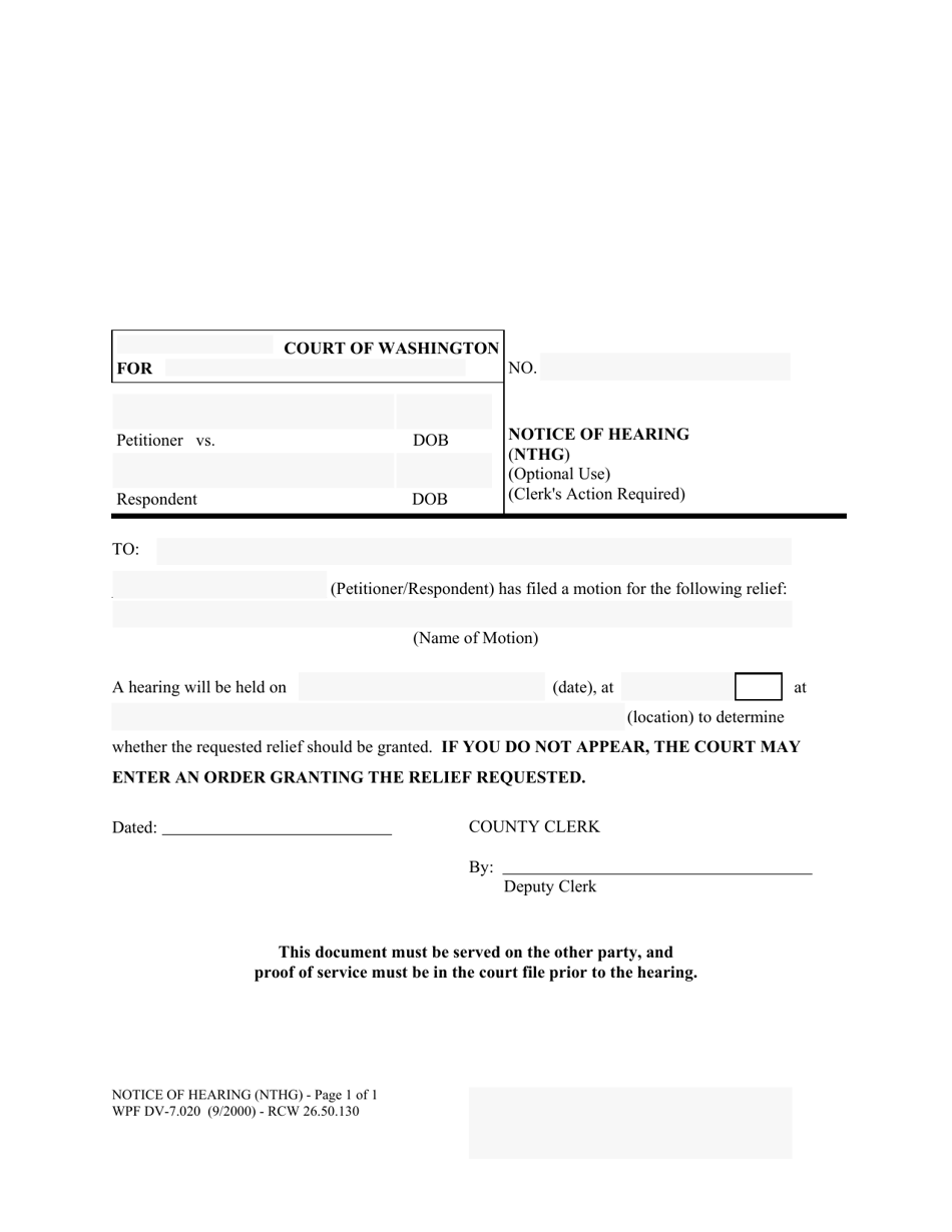 Form WPF DV-7.020 Notice of Hearing (Nthg) - Washington, Page 1