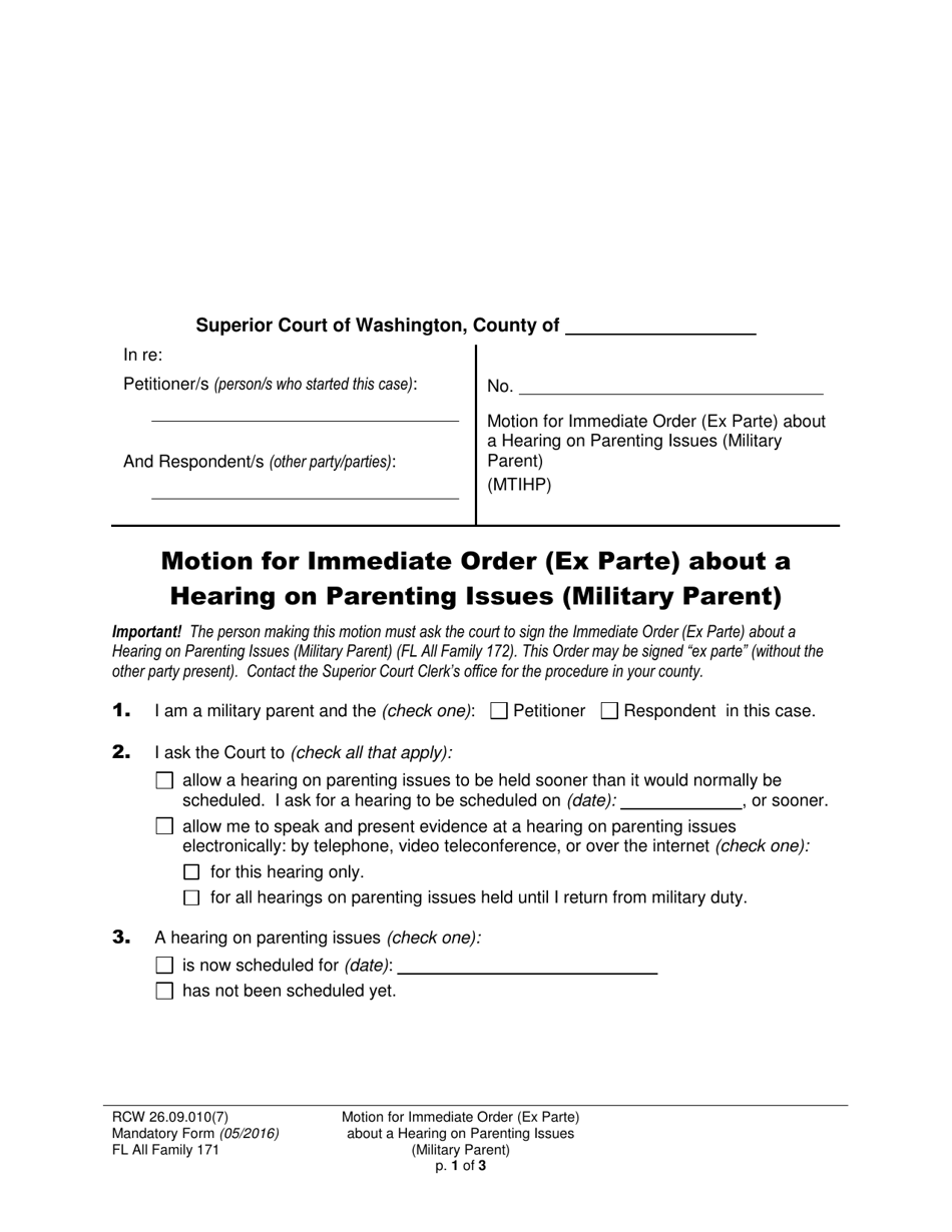 Form FL All Family171 Motion for Immediate Order (Ex Parte) About a Hearing on Parenting Issues (Military Parent) - Washington, Page 1