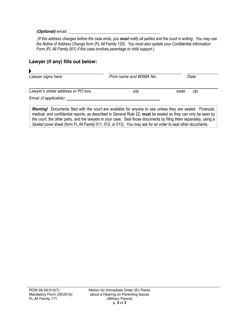 Form FL All Family171 Motion for Immediate Order (Ex Parte) About a Hearing on Parenting Issues (Military Parent) - Washington, Page 3