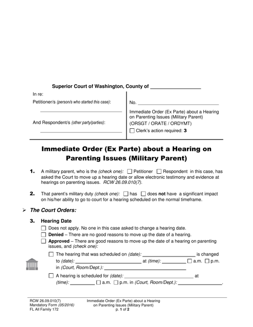 Form FL All Family172 Immediate Order (Ex Parte) About a Hearing on Parenting Issues (Military Parent) - Washington