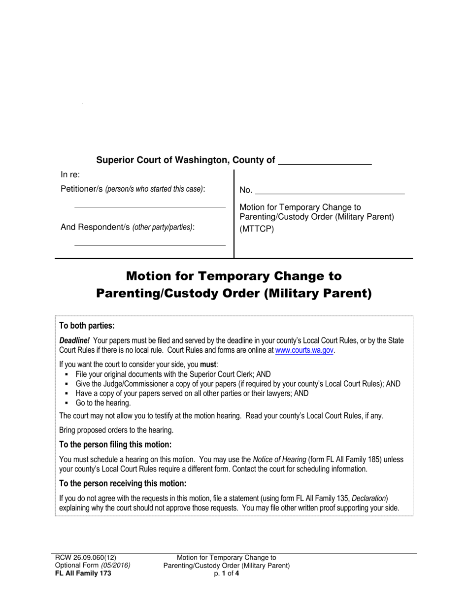 Form FL All Family173 Motion for Temporary Change to Parenting / Custody Order (Military Parent) - Washington, Page 1