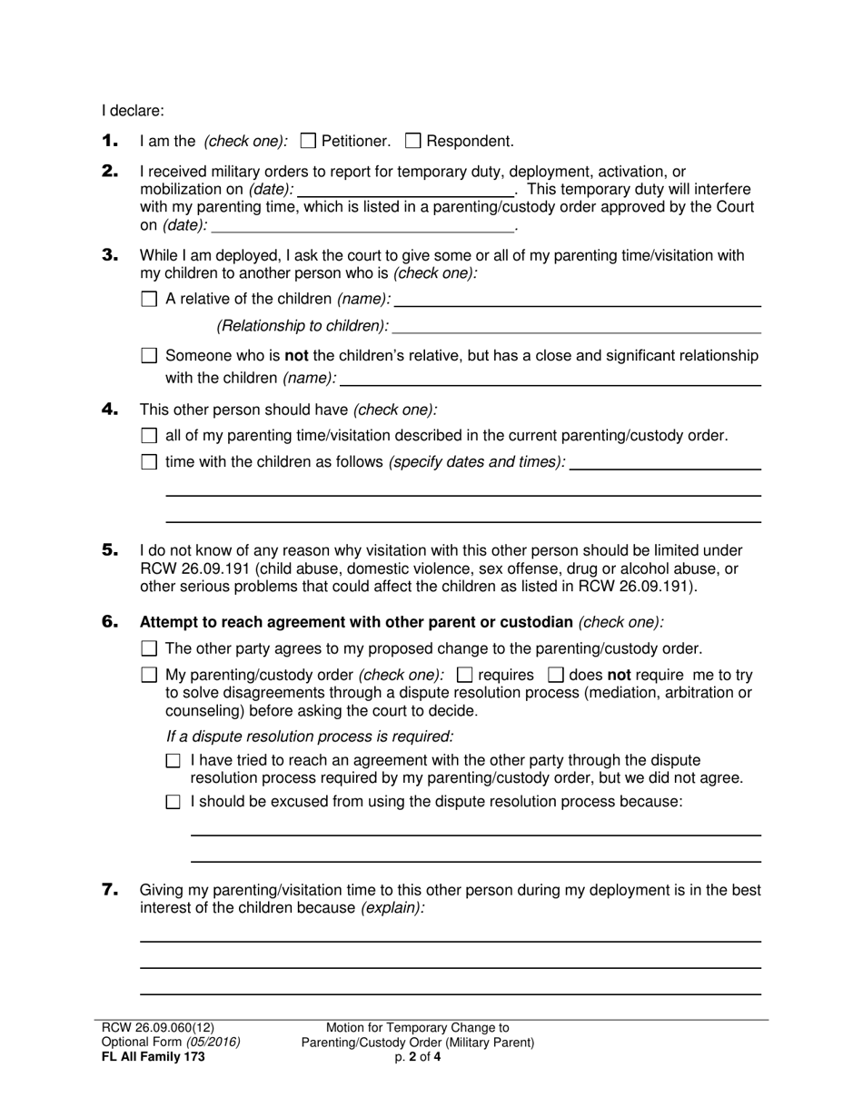 Form FL All Family173 Motion for Temporary Change to Parenting / Custody Order (Military Parent) - Washington, Page 2