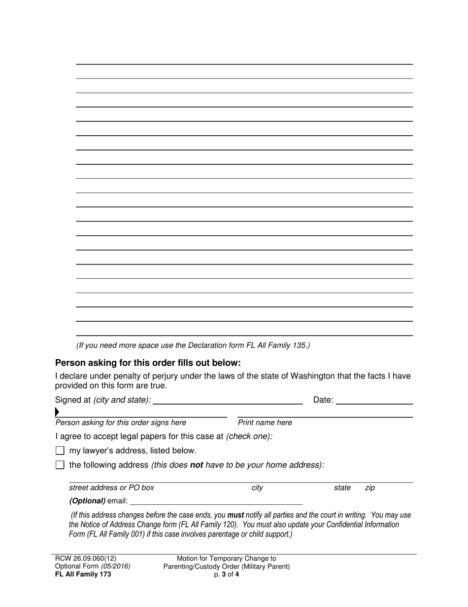 Form FL All Family173 Motion for Temporary Change to Parenting / Custody Order (Military Parent) - Washington, Page 3