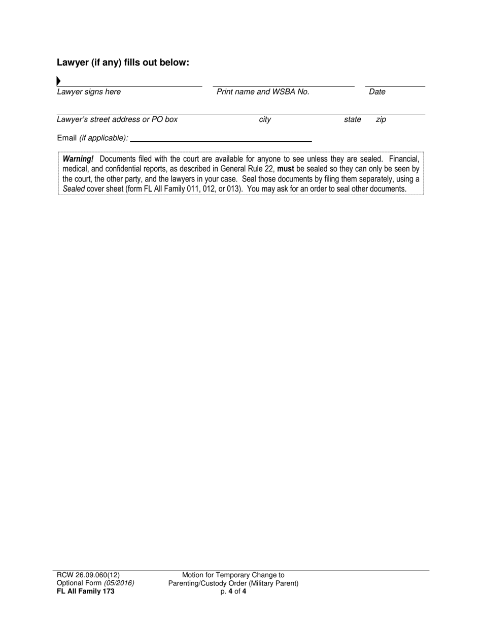 Form FL All Family173 Motion for Temporary Change to Parenting / Custody Order (Military Parent) - Washington, Page 4