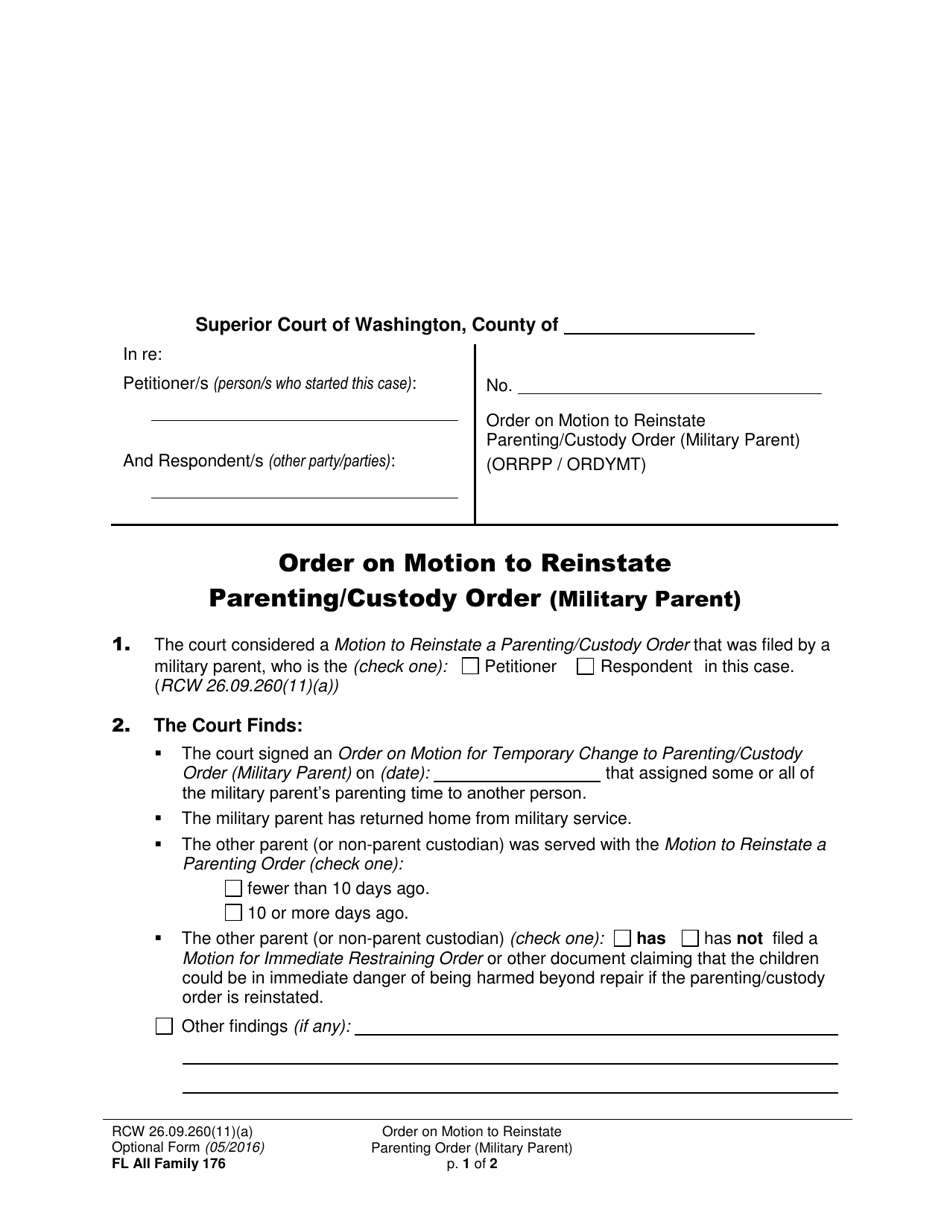 Form FL All Family176 Order on Motion to Reinstate Parenting / Custody Order (Military Parent) - Washington, Page 1