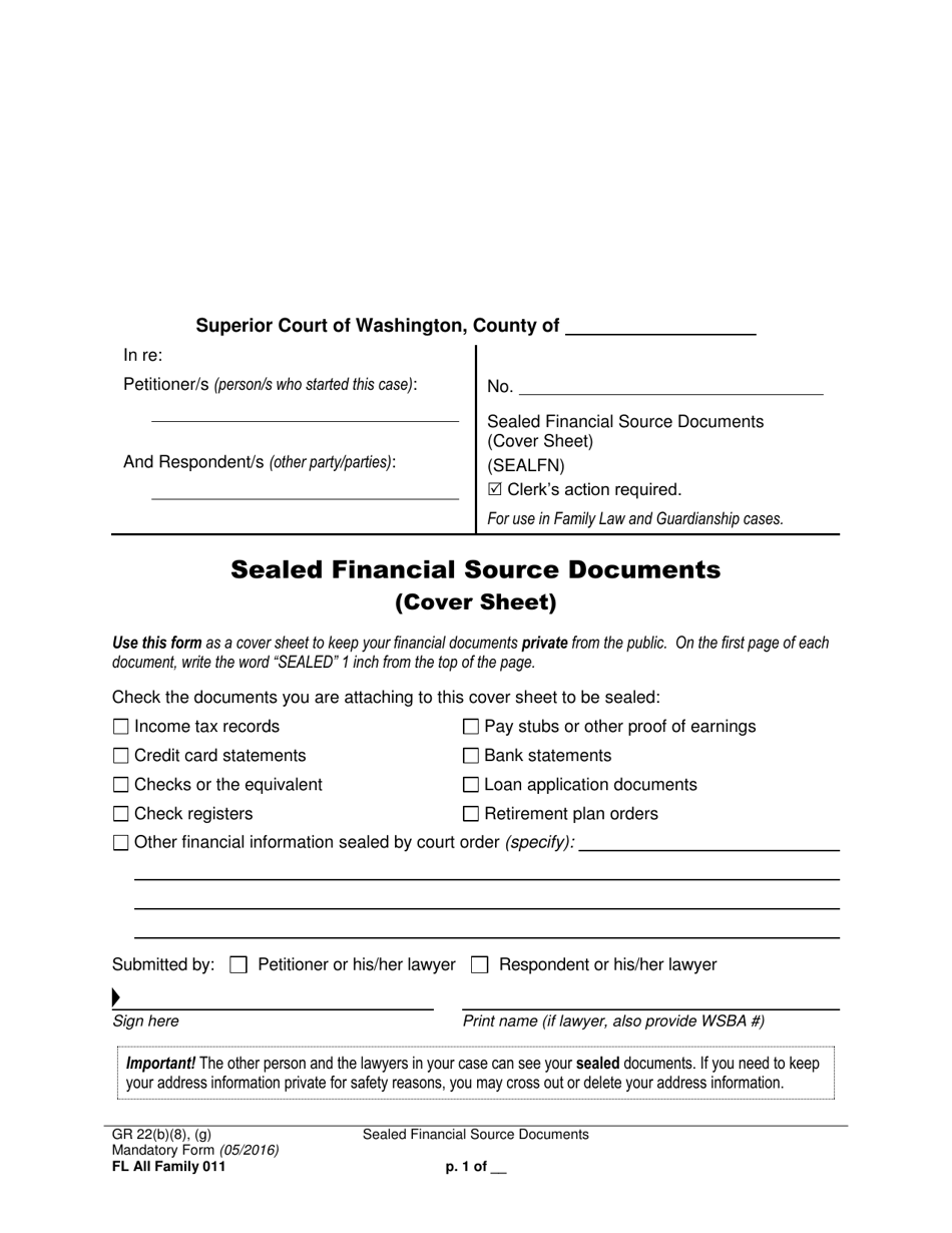 Form FL All Family011 Sealed Financial Source Documents (Cover Sheet) - Washington, Page 1