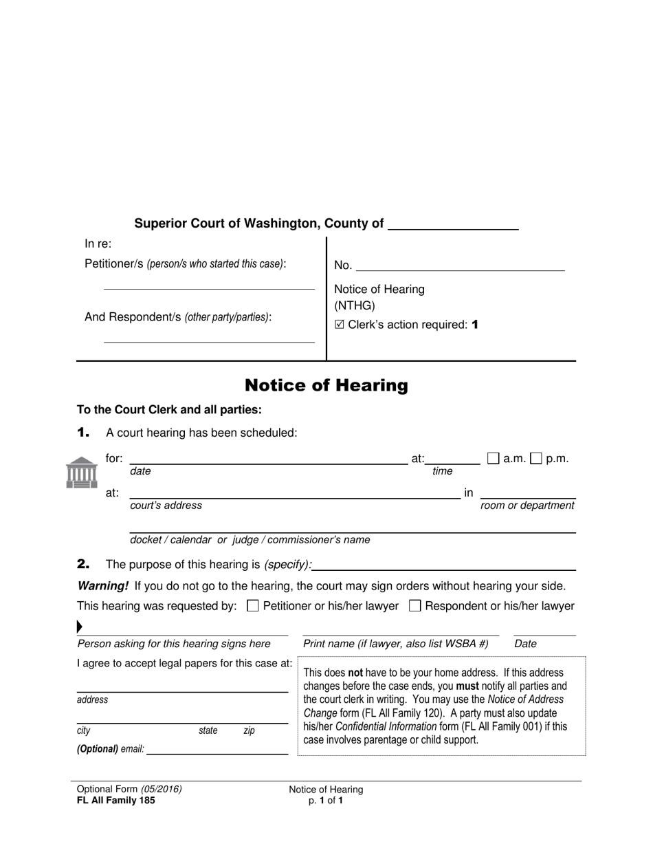 Form FL All Family185 Notice of Hearing - Washington, Page 1