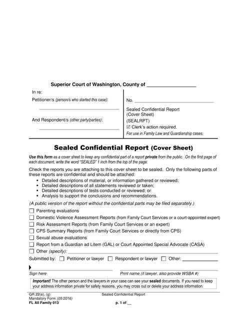 Form FL All Family013 Sealed Confidential Report (Cover Sheet) - Washington