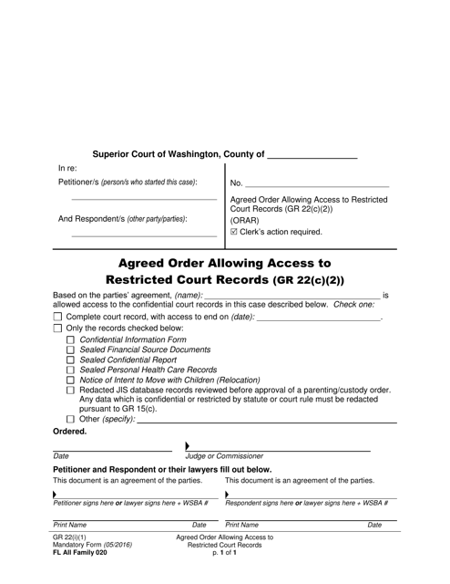 Form FL All Family020 Agreed Order Allowing Access to Restricted Court Records (Gr 22(C)(2)) - Washington