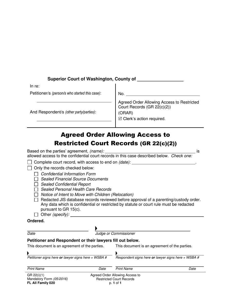 Form FL All Family020 Agreed Order Allowing Access to Restricted Court Records (Gr 22(C)(2)) - Washington, Page 1