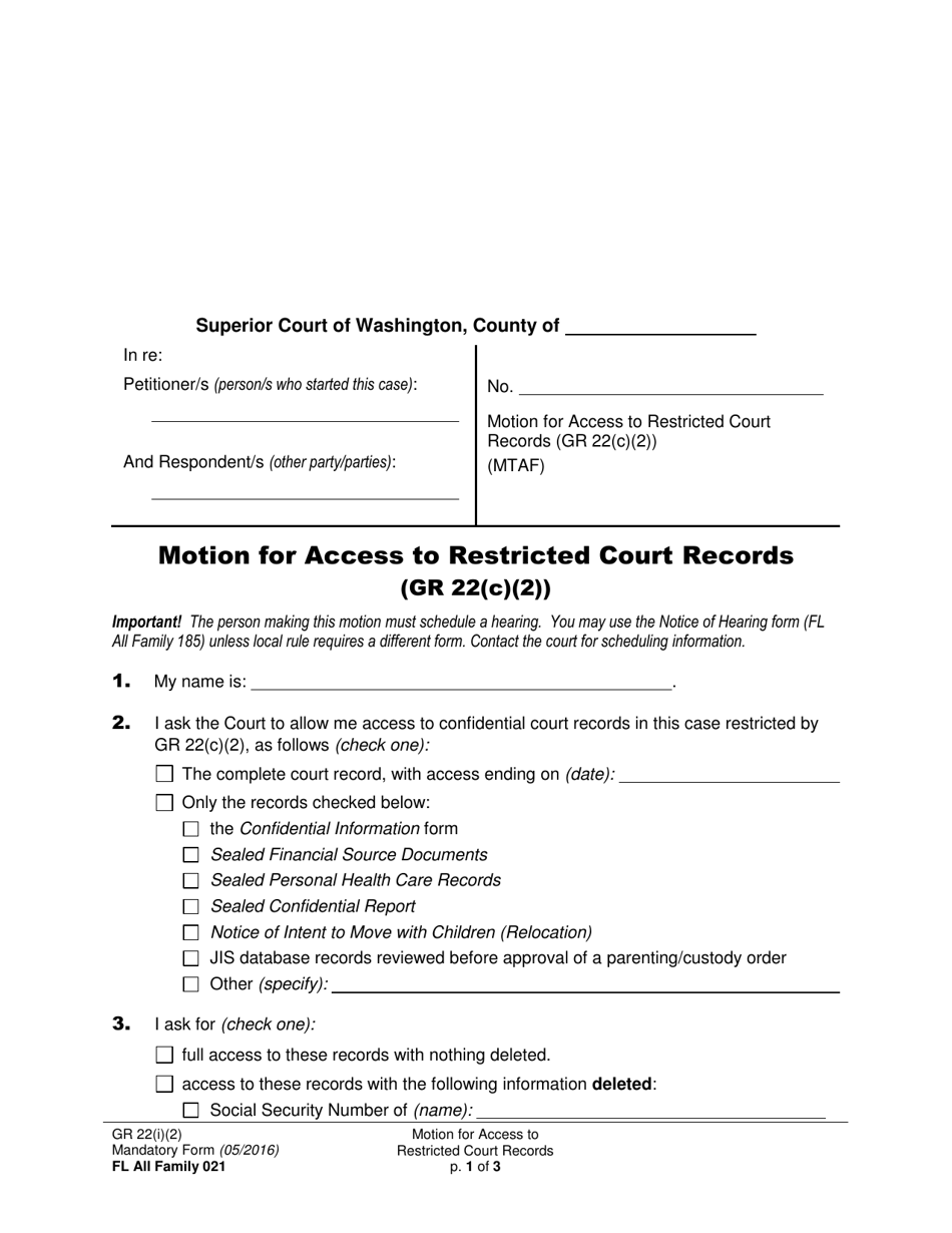 Form FL All Family021 Motion for Access to Restricted Court Records (Gr 22(C)(2)) - Washington, Page 1