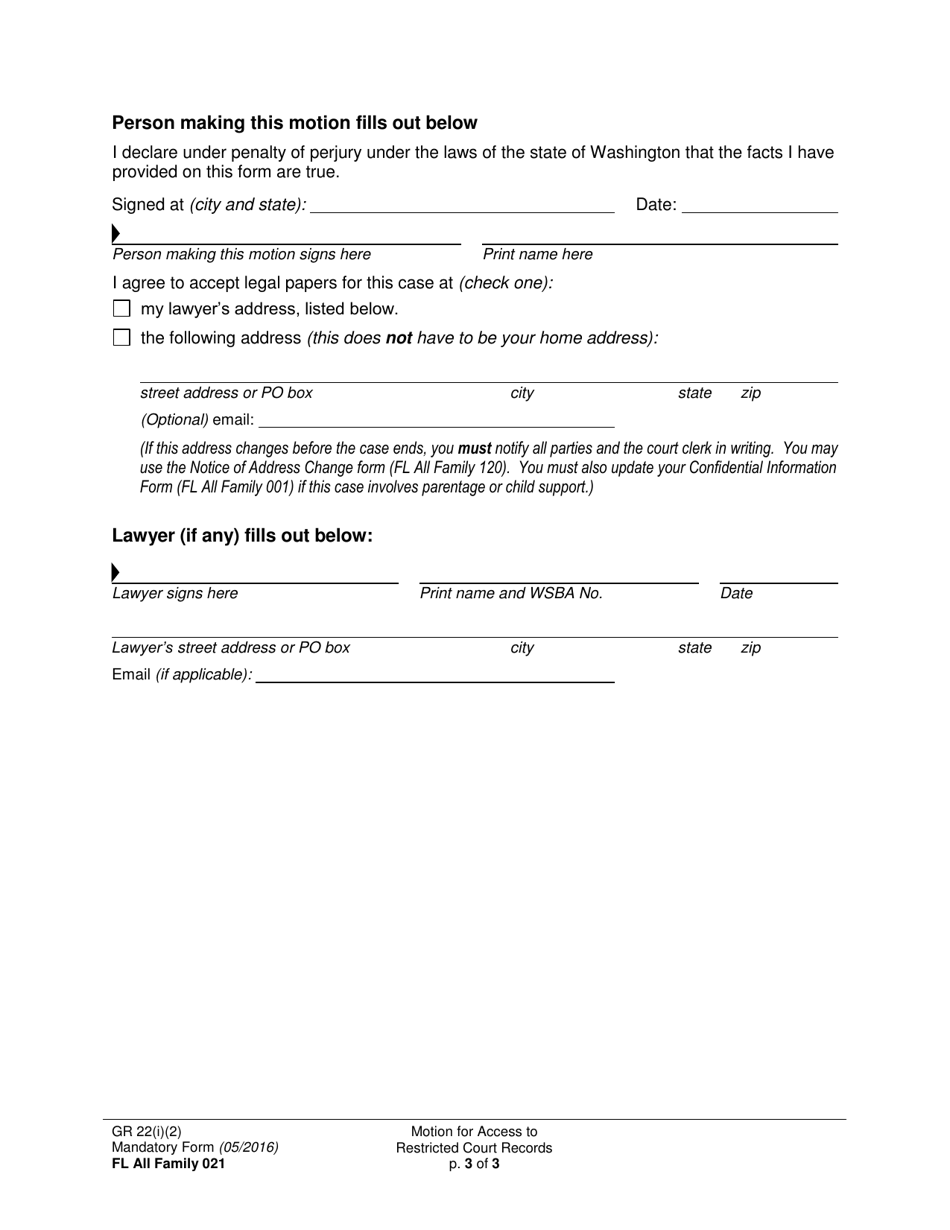 Form FL All Family021 Motion for Access to Restricted Court Records (Gr 22(C)(2)) - Washington, Page 3