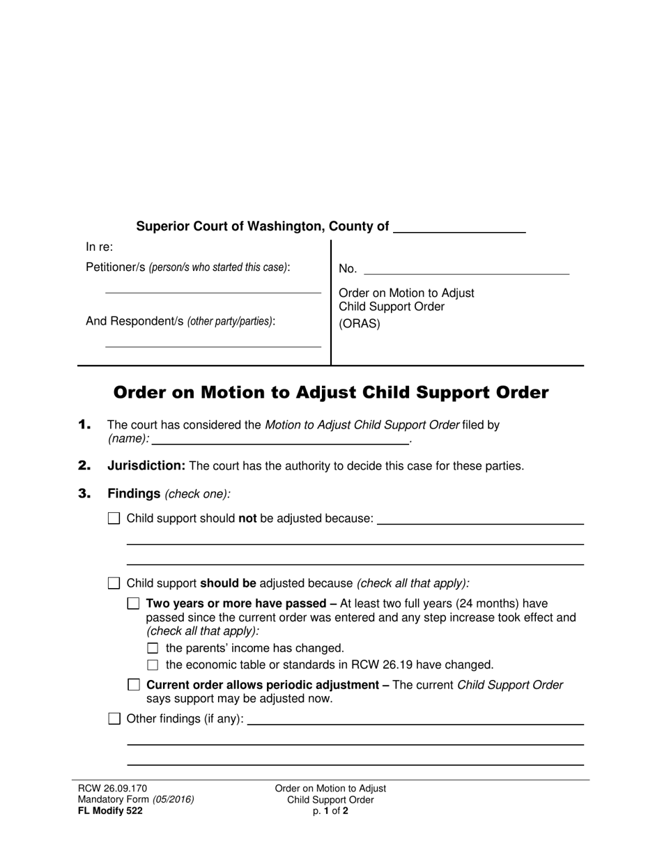 Form FL Modify522 Order on Motion to Adjust Child Support Order - Washington, Page 1