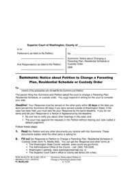 Document preview: Form FL Modify600 Summons: Notice About Petition to Change a Parenting Plan, Residential Schedule or Custody Order - Washington