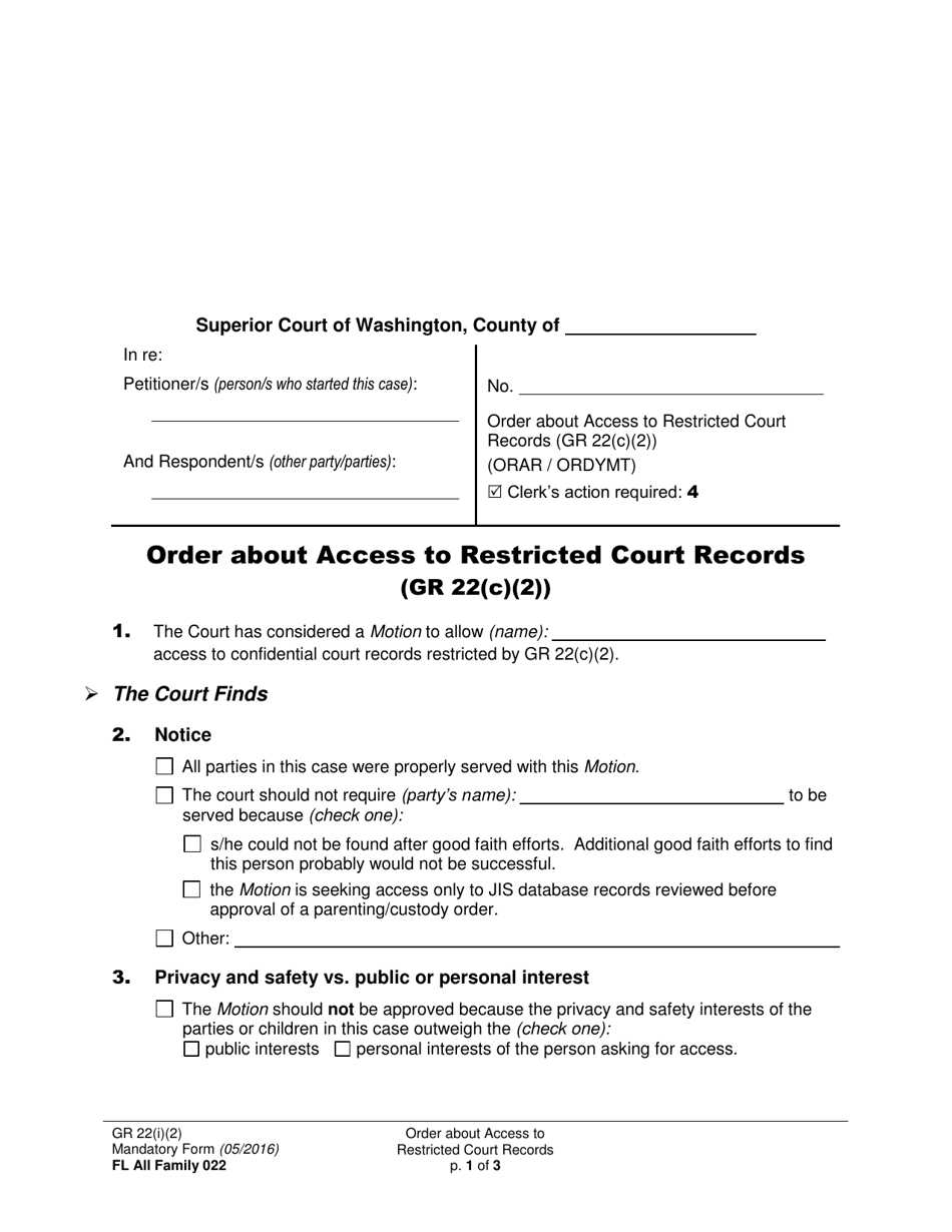 Form FL All Family022 Order About Access to Restricted Court Records (Gr 22(C)(2)) - Washington, Page 1
