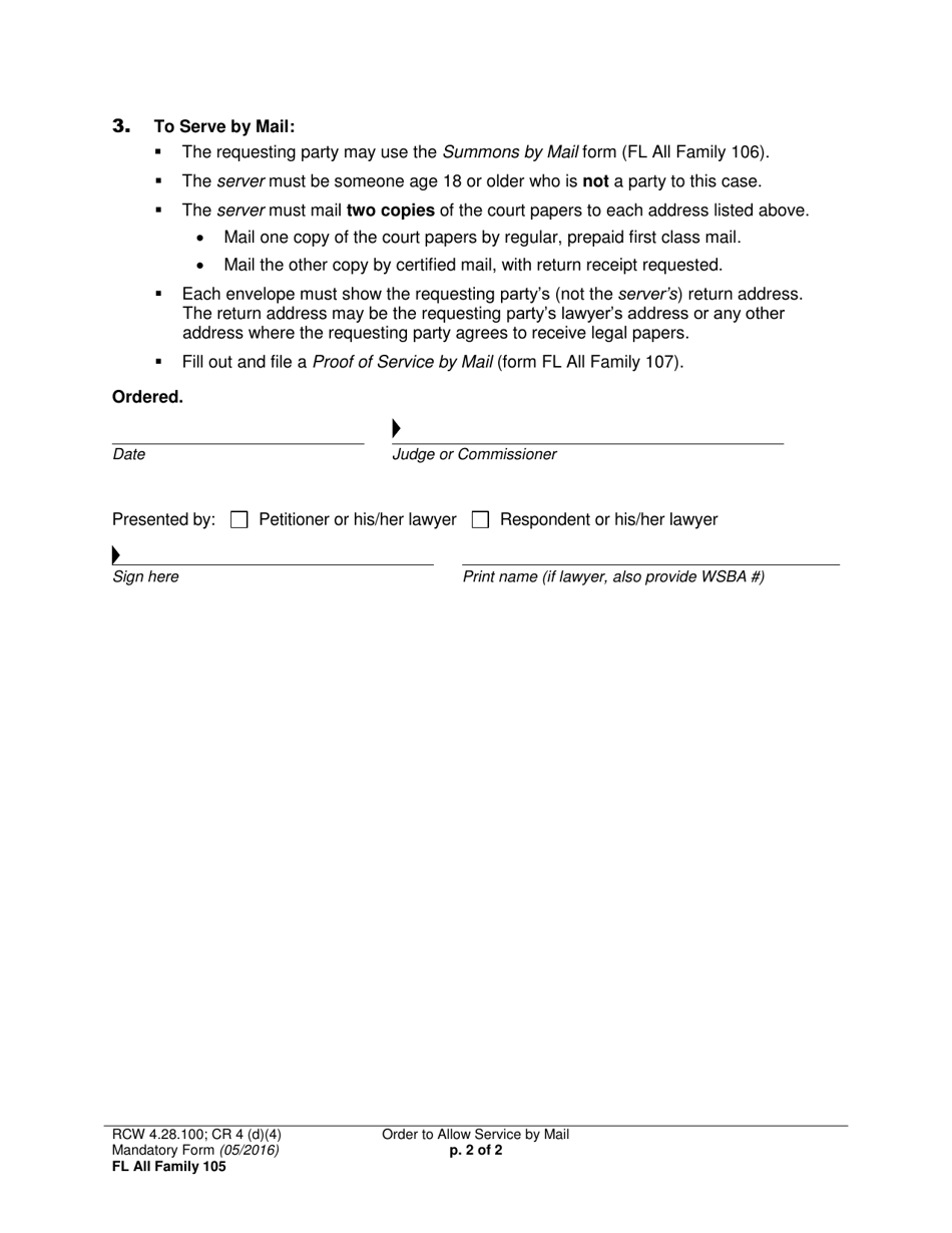 Form FL All Family105 Order to Allow Service by Mail - Washington, Page 2