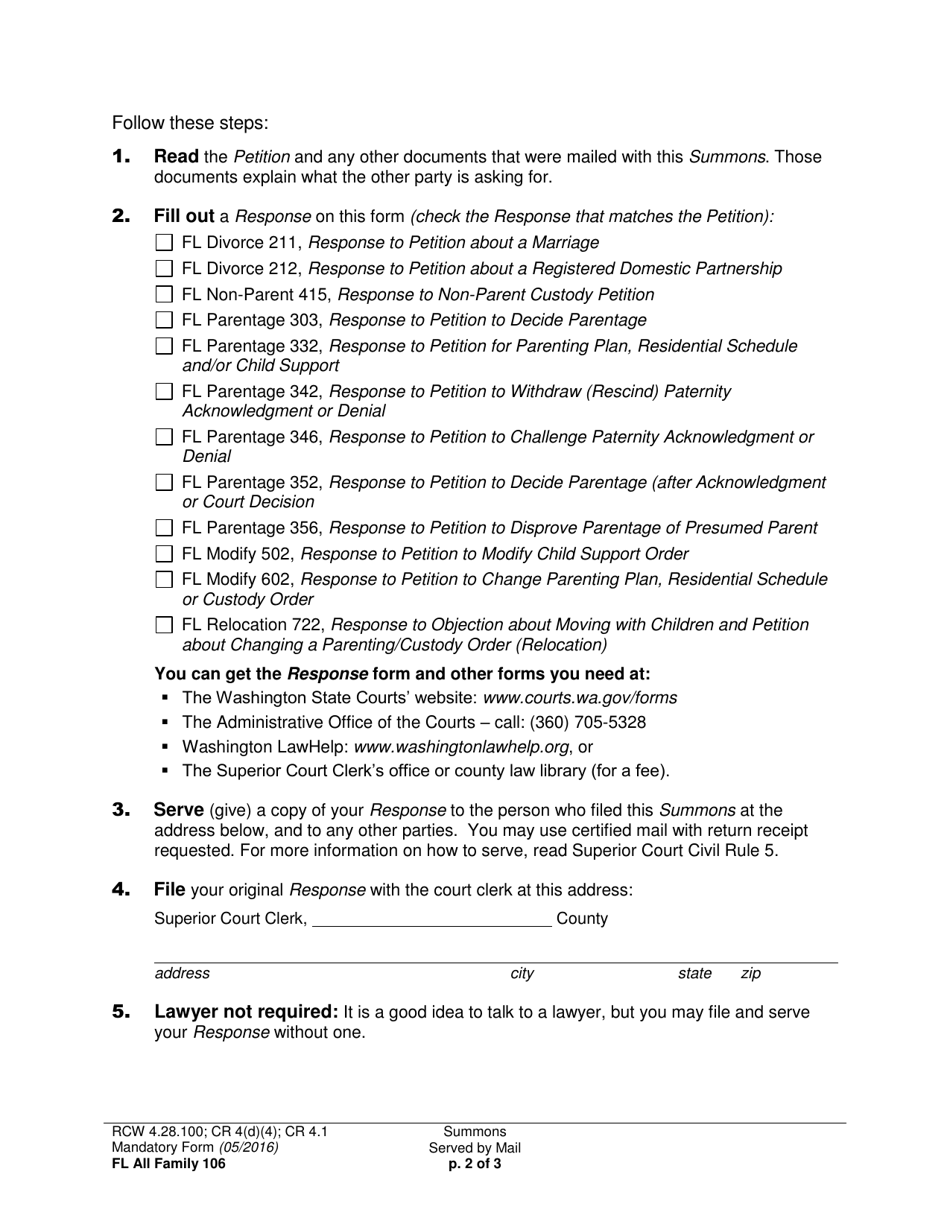 Form FL All Family106 Summons Served by Mail - Washington, Page 2