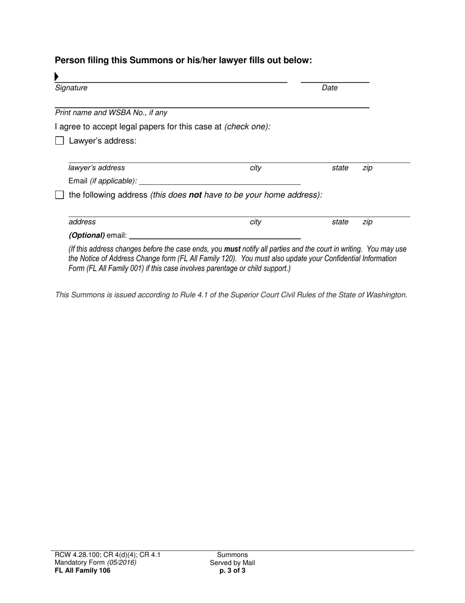 Form FL All Family106 Summons Served by Mail - Washington, Page 3