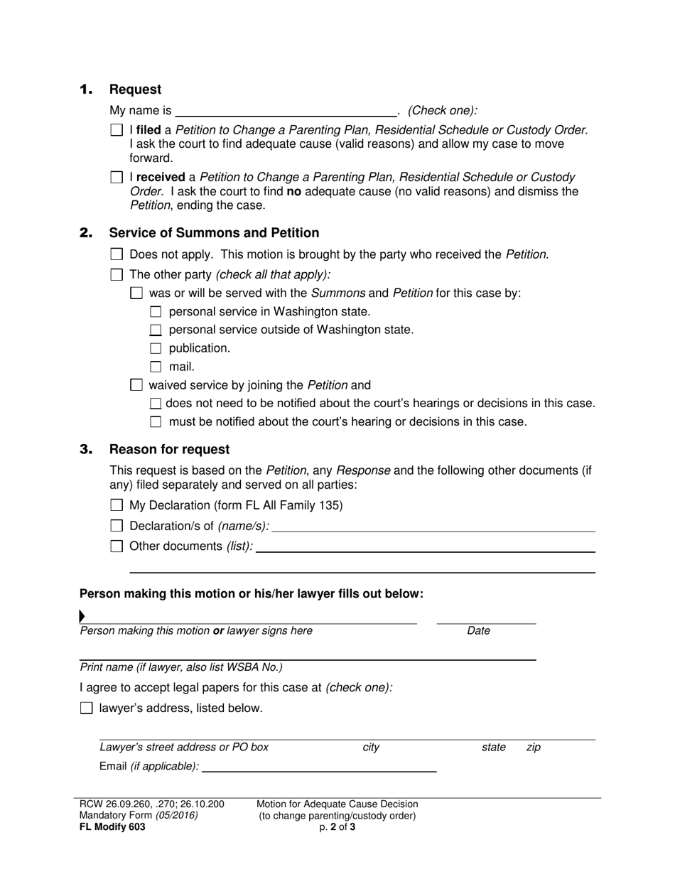 Form FL Modify603 Motion for Adequate Cause Decision (To Change a Parenting / Custody Order) - Washington, Page 2