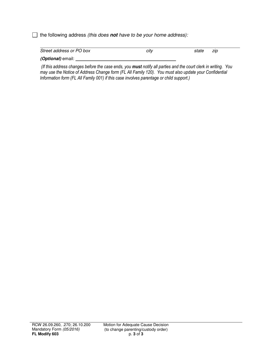 Form FL Modify603 Motion for Adequate Cause Decision (To Change a Parenting / Custody Order) - Washington, Page 3