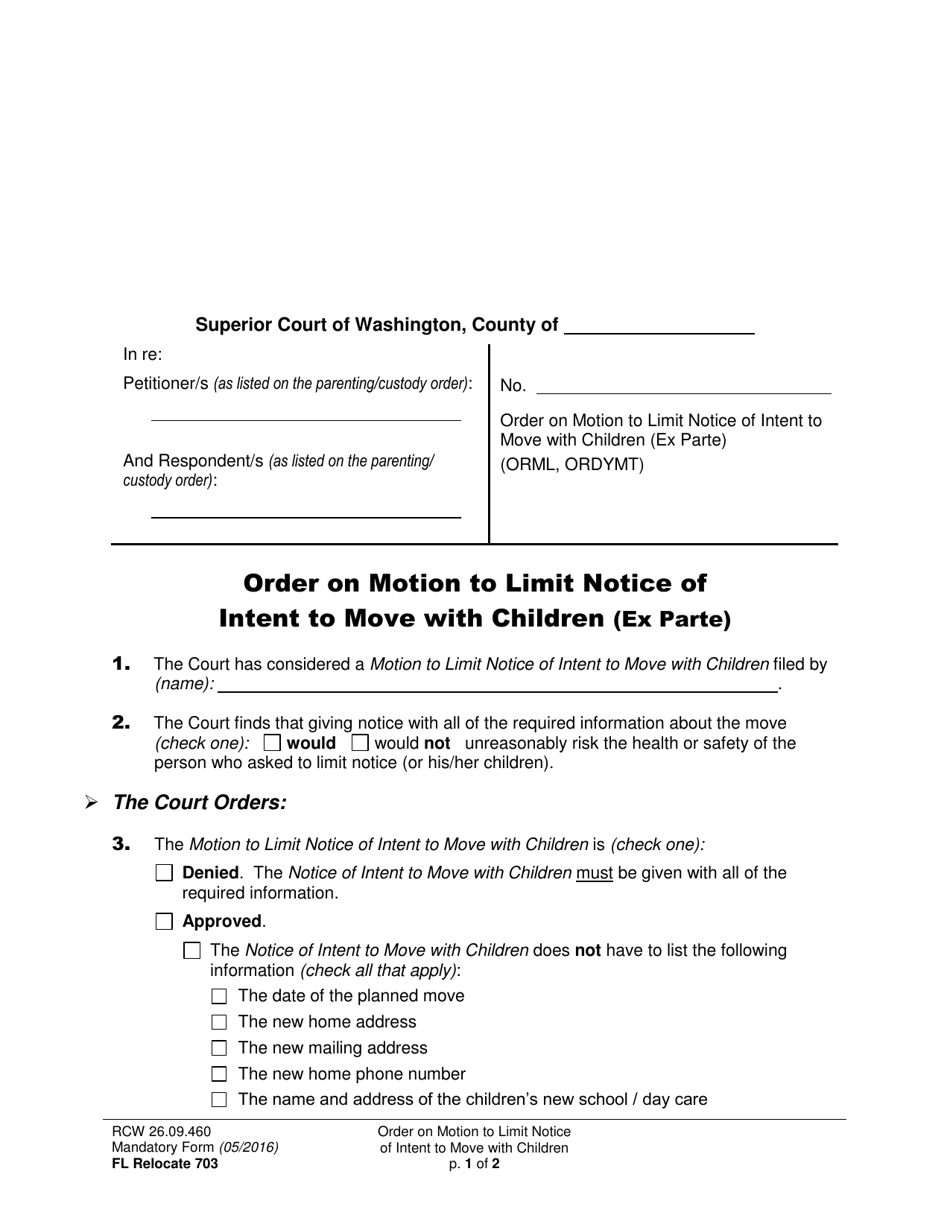 Form FL Relocate703 Order on Motion to Limit Notice of Intent to Move With Children (Ex Parte) - Washington, Page 1