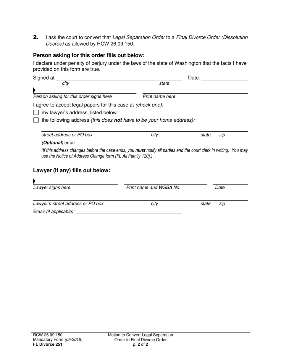 Form FL Divorce251 Motion to Convert Legal Separation Order to Final Divorce Order (Dissolution Decree) - Washington, Page 2