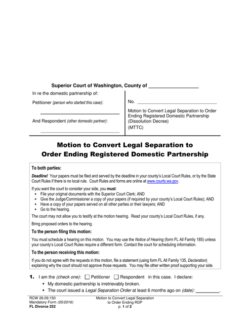 Form FL Divorce252 Motion to Convert Legal Separation to Order Ending Registered Domestic Partnership - Washington