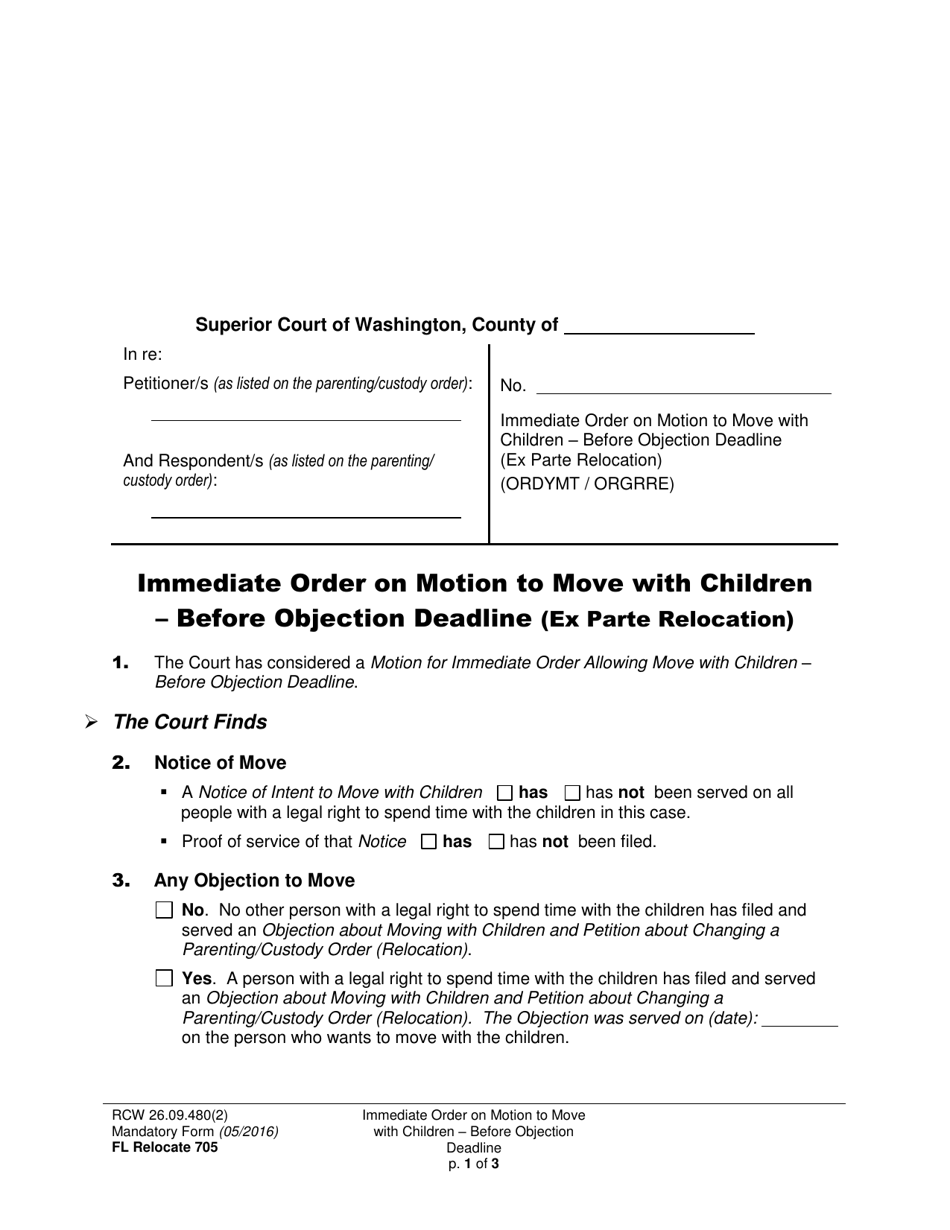 Form FL Relocate705 Immediate Order on Motion to Move With Children - Before Objection Deadline (Ex Parte Relocation) - Washington, Page 1