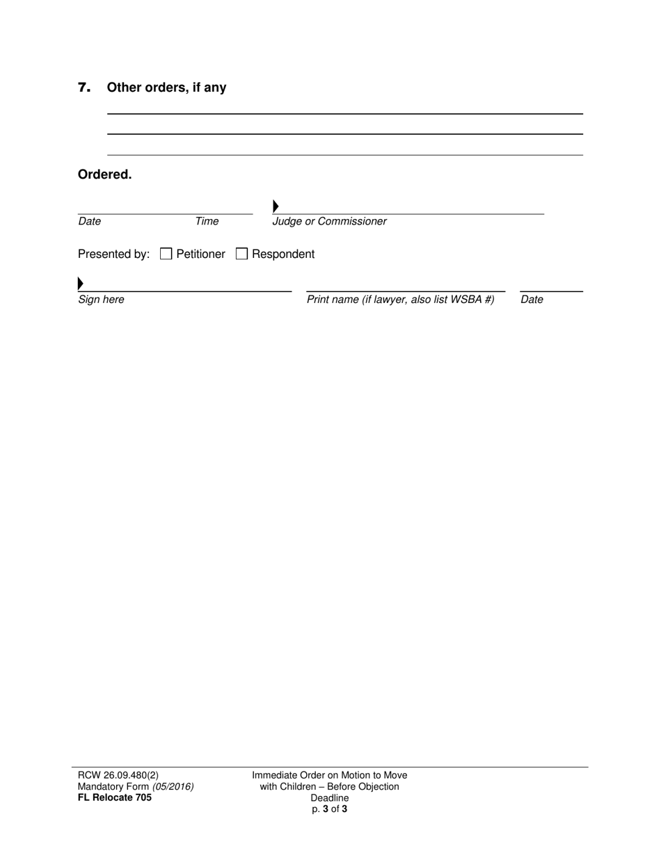 Form FL Relocate705 Immediate Order on Motion to Move With Children - Before Objection Deadline (Ex Parte Relocation) - Washington, Page 3