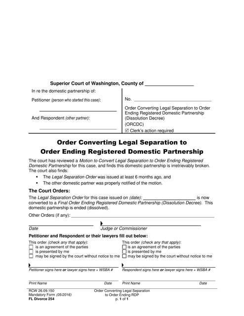 Form FL Divorce254 Order Converting Legal Separation to Order Ending Registered Domestic Partnership - Washington