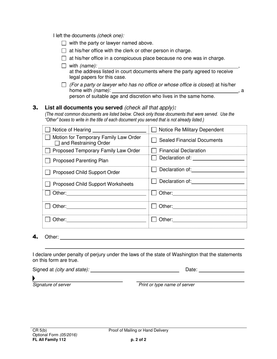 Form FL All Family112 Proof of Mailing or Hand Delivery (For Documents After Summons and Petition) - Washington, Page 2