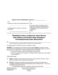 Document preview: Form FL Relocate720 Summons: Notice of Objection About Moving With Children and Petition About Changing a Parenting/Custody Order (Relocation) - Washington