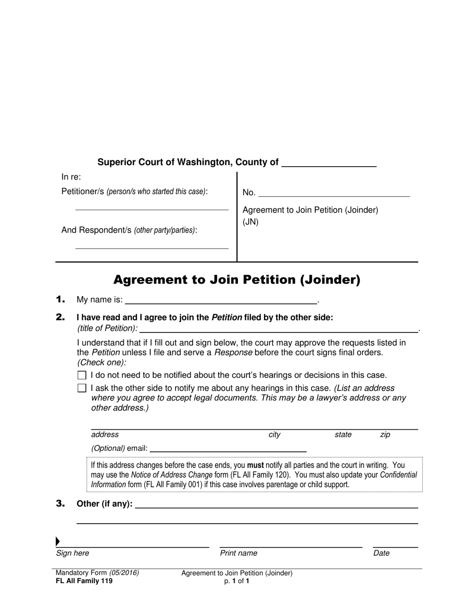 Form FL All Family119 Agreement to Join Petition (Joinder) - Washington, Page 1