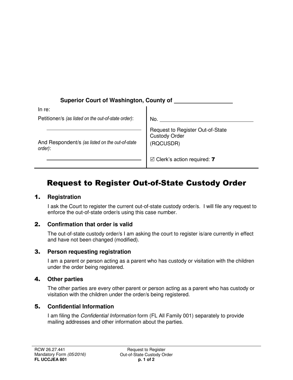 Form FL UCCJEA801 Request to Register Out-of-State Custody Order - Washington, Page 1