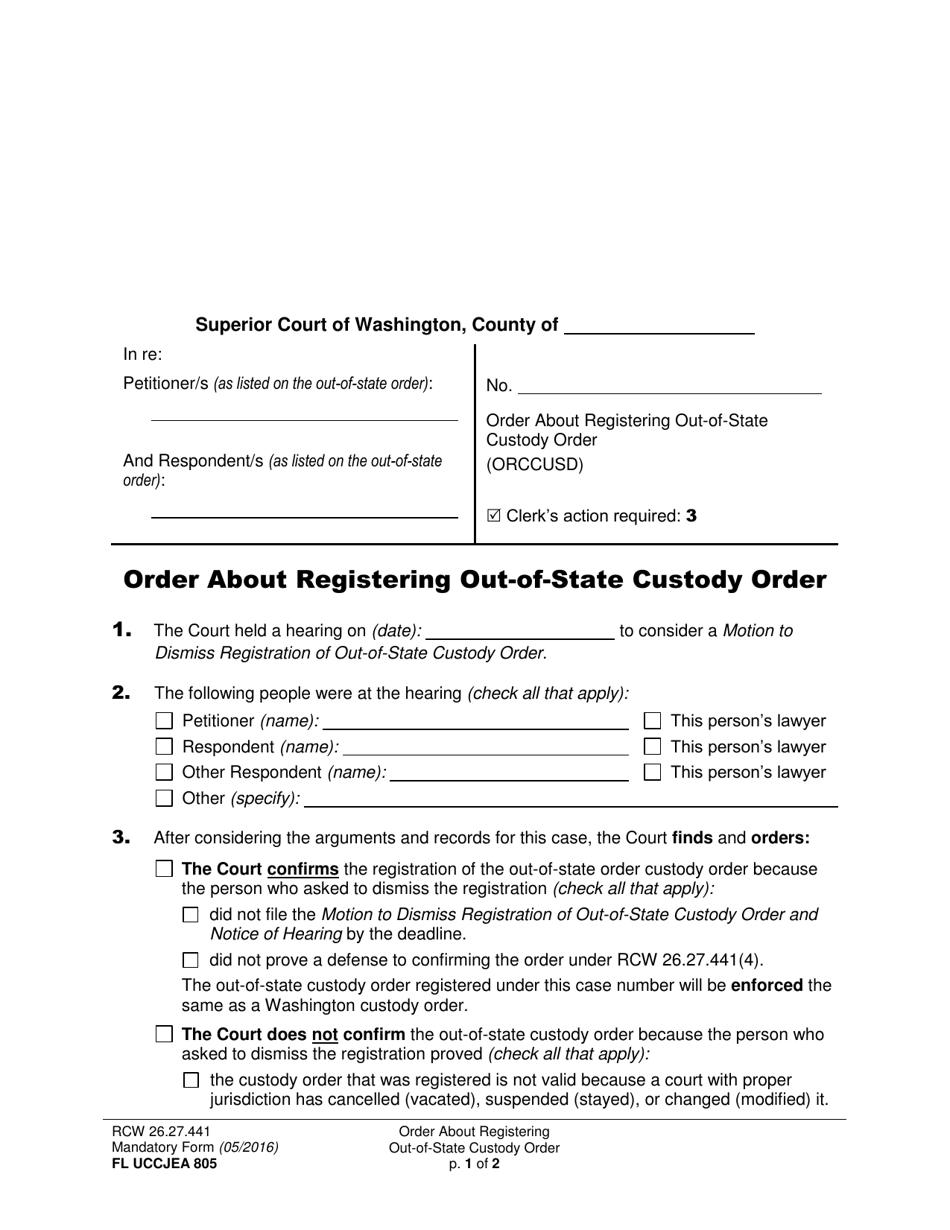 Form FL UCCJEA805 Order About Registering Out-of-State Custody Order - Washington, Page 1