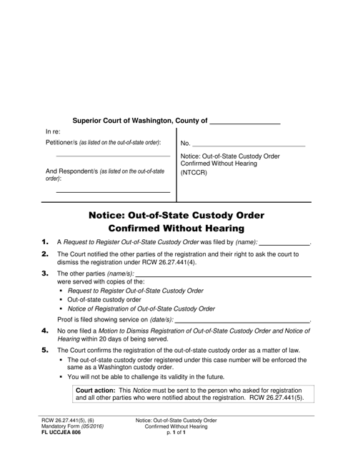 Form FL UCCJEA806 Notice: Out-of-State Custody Order Confirmed Without Hearing - Washington